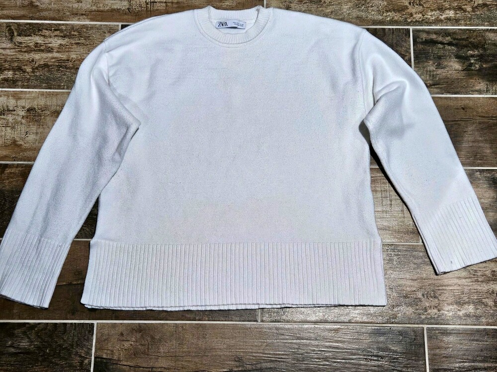 Zara Women's White S Solid Crew Neck Long Sleeve Pullover Knit Sweater Ribbed.